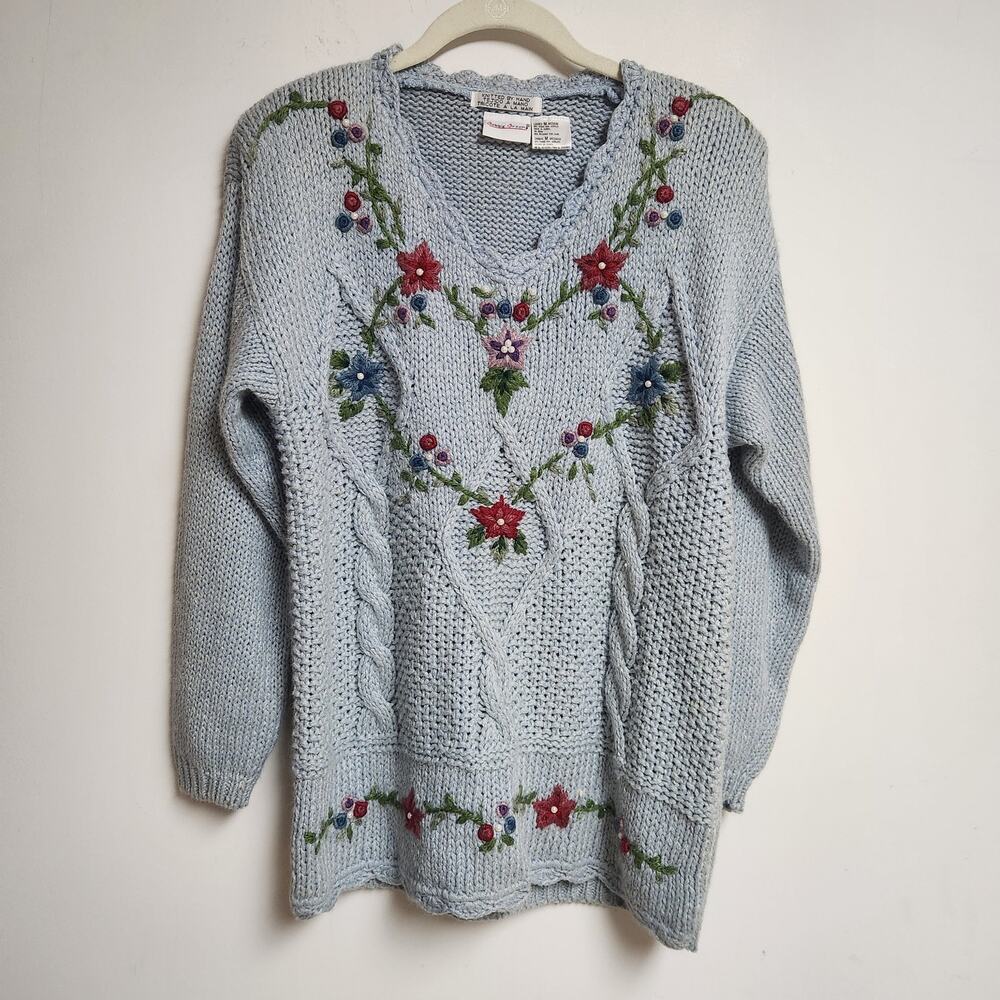 Vtg Bobbie Brooks Hand Knit Embroidered Sweater Womens Medium Cottagecore Floral